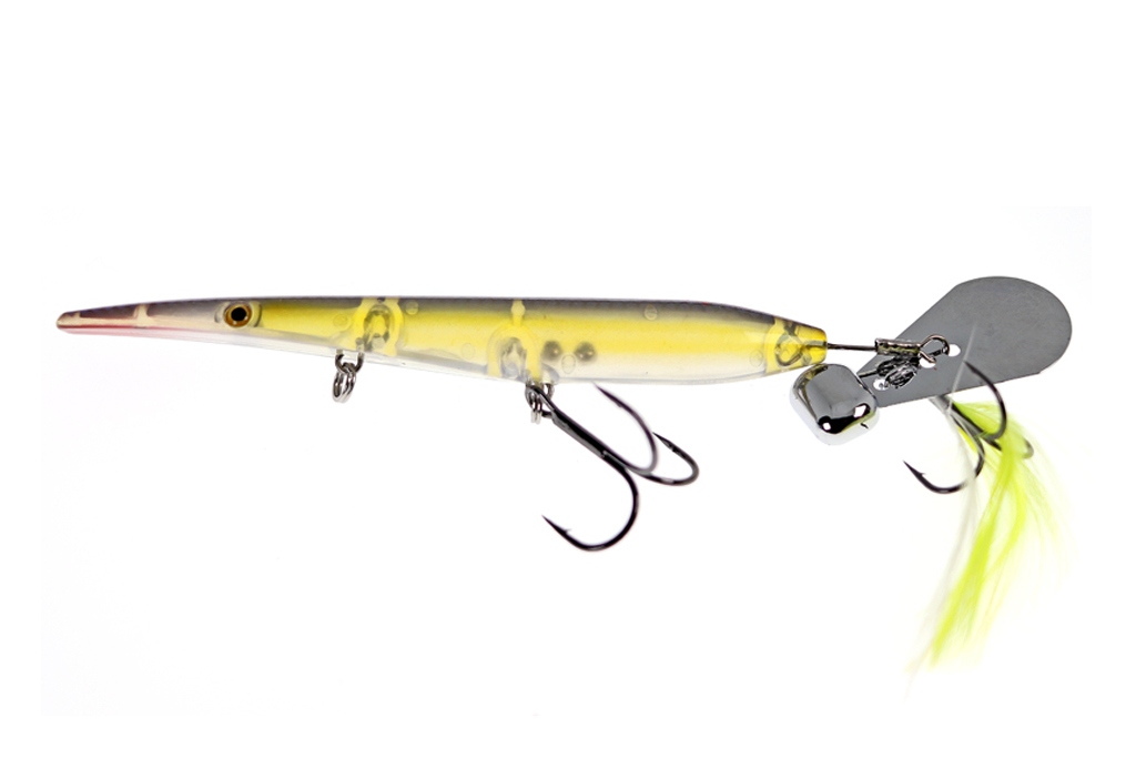ペンシルベイトの様なボディに、テールにはウェイト付きのチャタ― ブレードを搭載したトップウォーター。